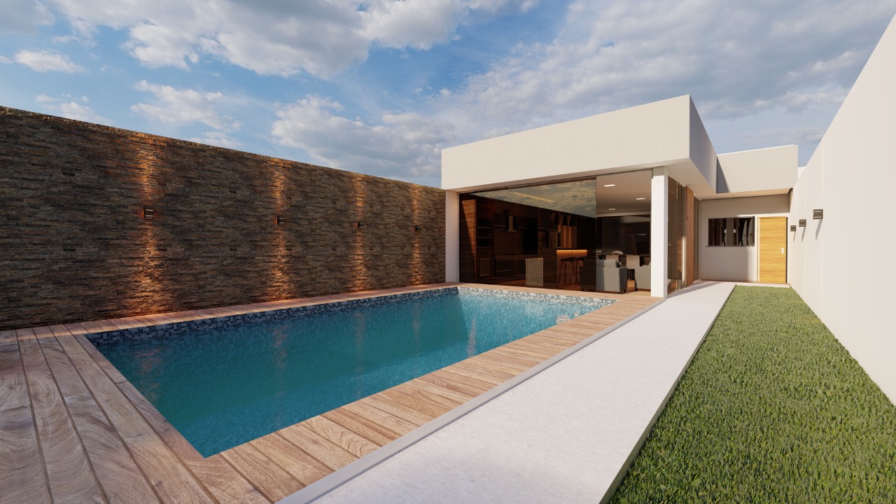 Área de lazer com piscina e espaço gourmet